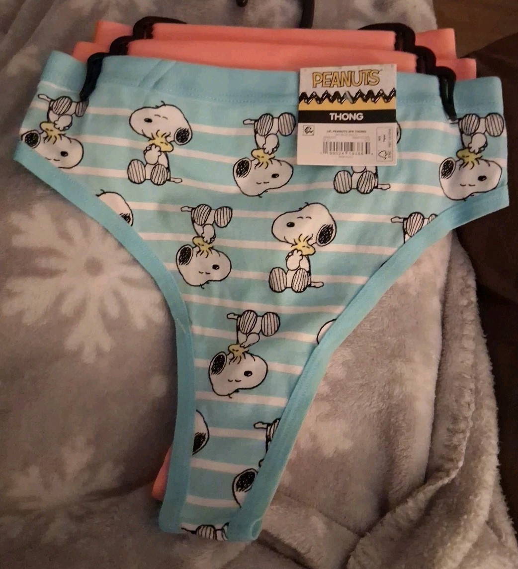 “Peanuts” Womens Thong Set, Size Xl, Set Of 3, Blue, Pink, Cotton, Lined