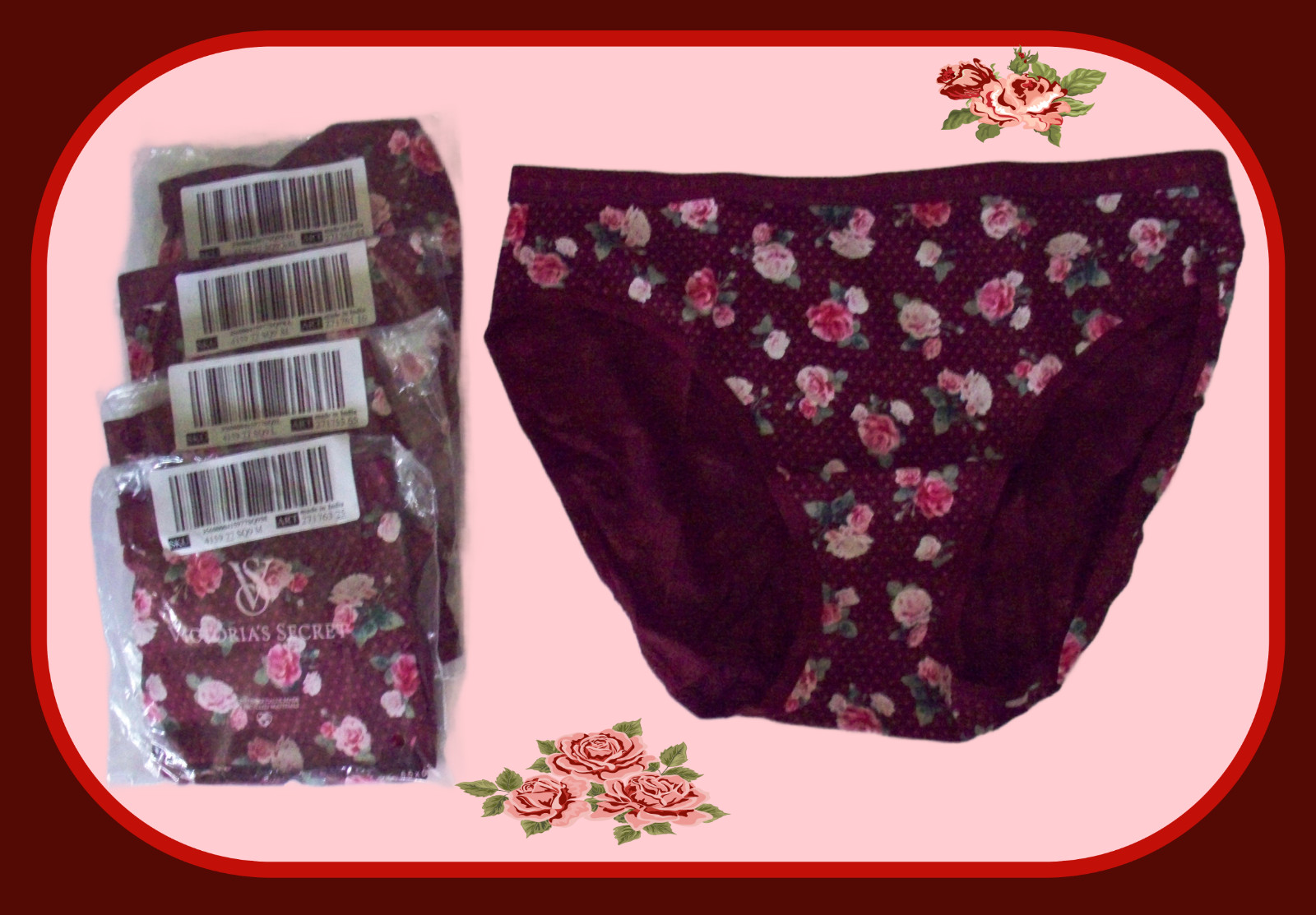 M Wine Rose Floral Stretch Cotton Victorias Secret High-Leg Waist Brief Pantie