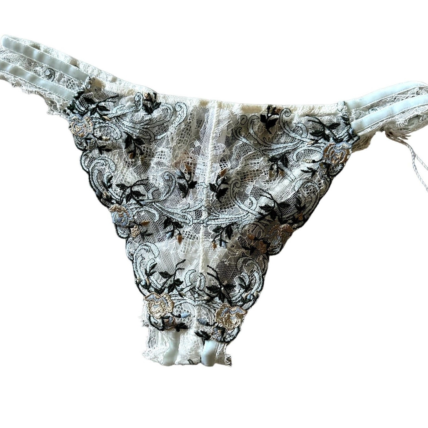 La Perla White Lace Blue Gold Floral Cheeky Panty Medium MSRP 308