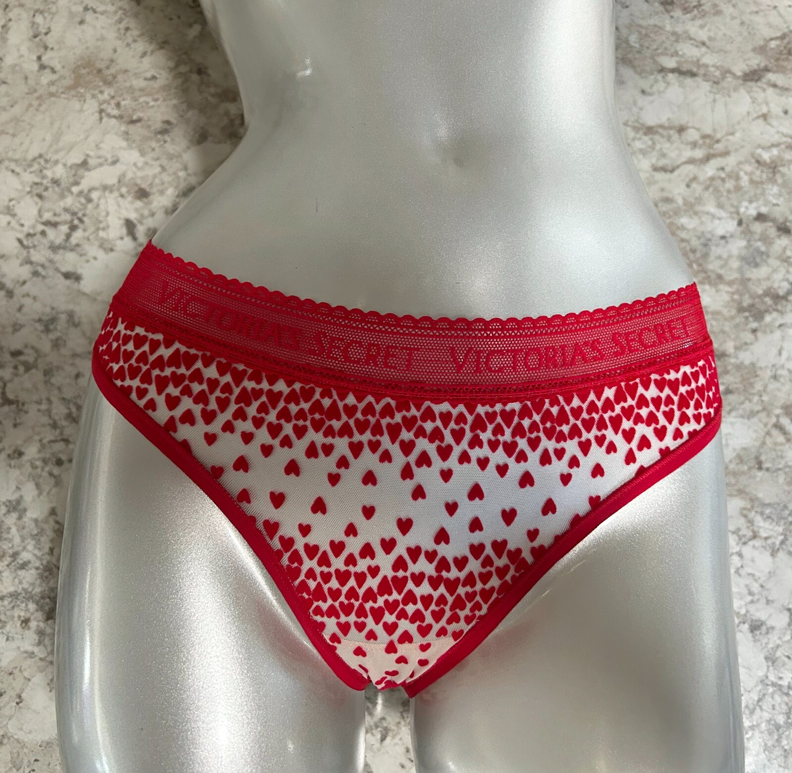 Nwt Victorias Secret Cotton Logo Flocked Hearts Thong Panty Red Lipstick L