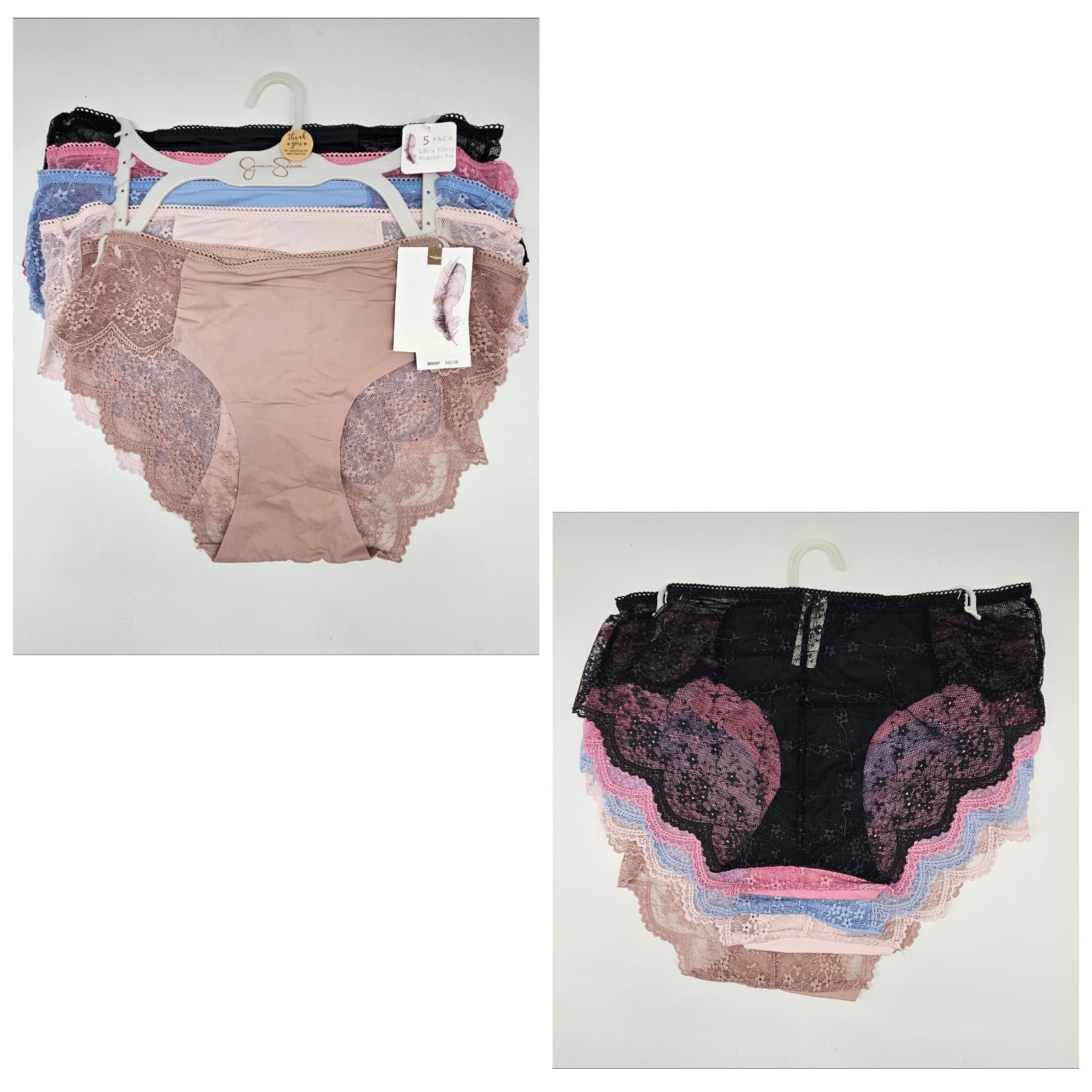 JESSICA SIMPSON 5 Pack Women’s M L Lace Hipster Panties Black Mauve Blue Beige