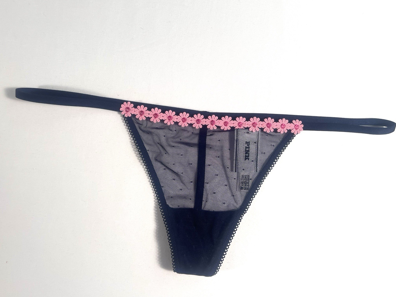 VICTORIA’S SECRET PINK NAVY BLUE DOTTED MESH DAISY FLORAL V STRING PANTIES XS