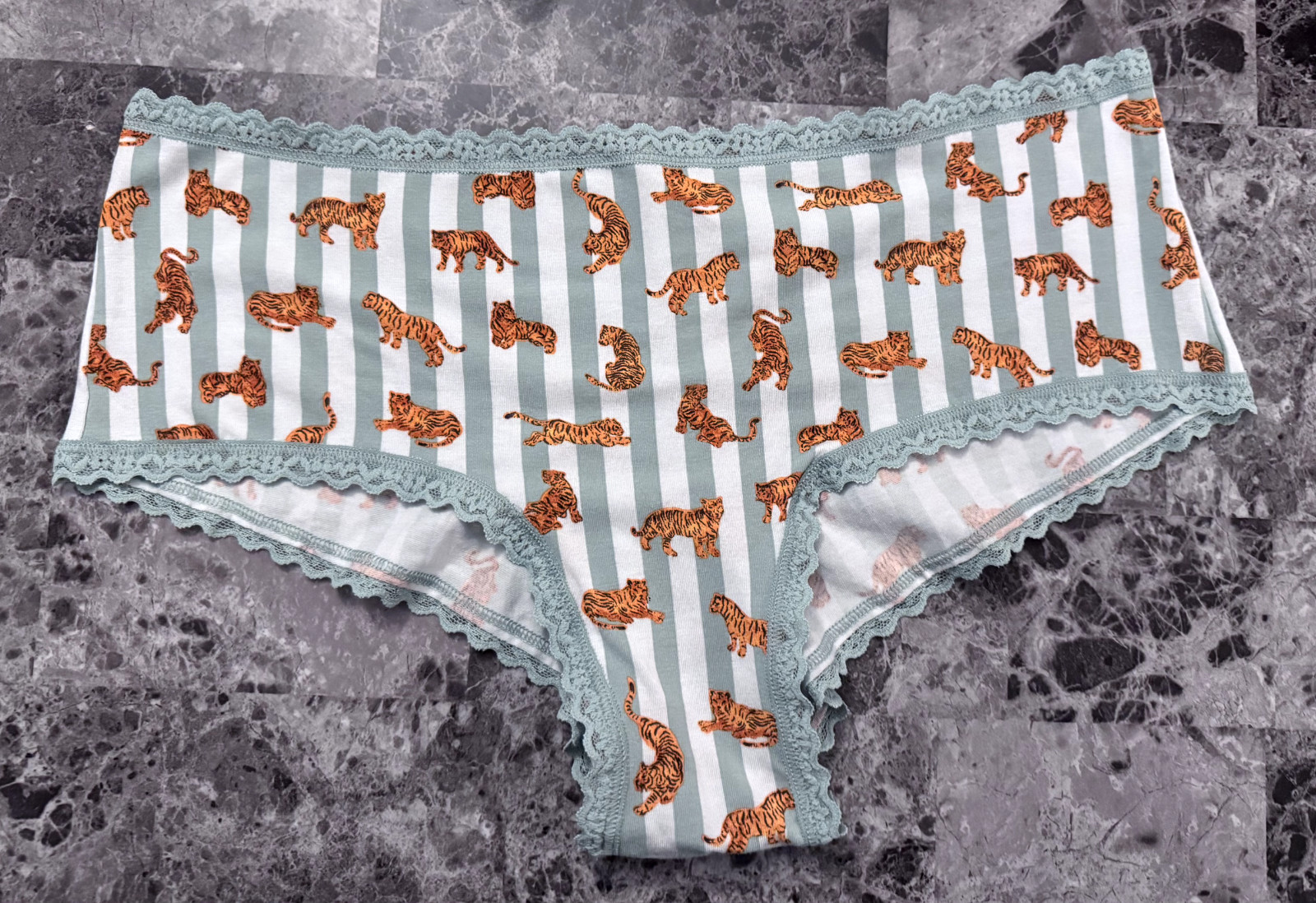 NWOT VICTORIA’S SECRET XL TIGER GREEN STRIPE LACE TRIM CHEEKY PANTIES