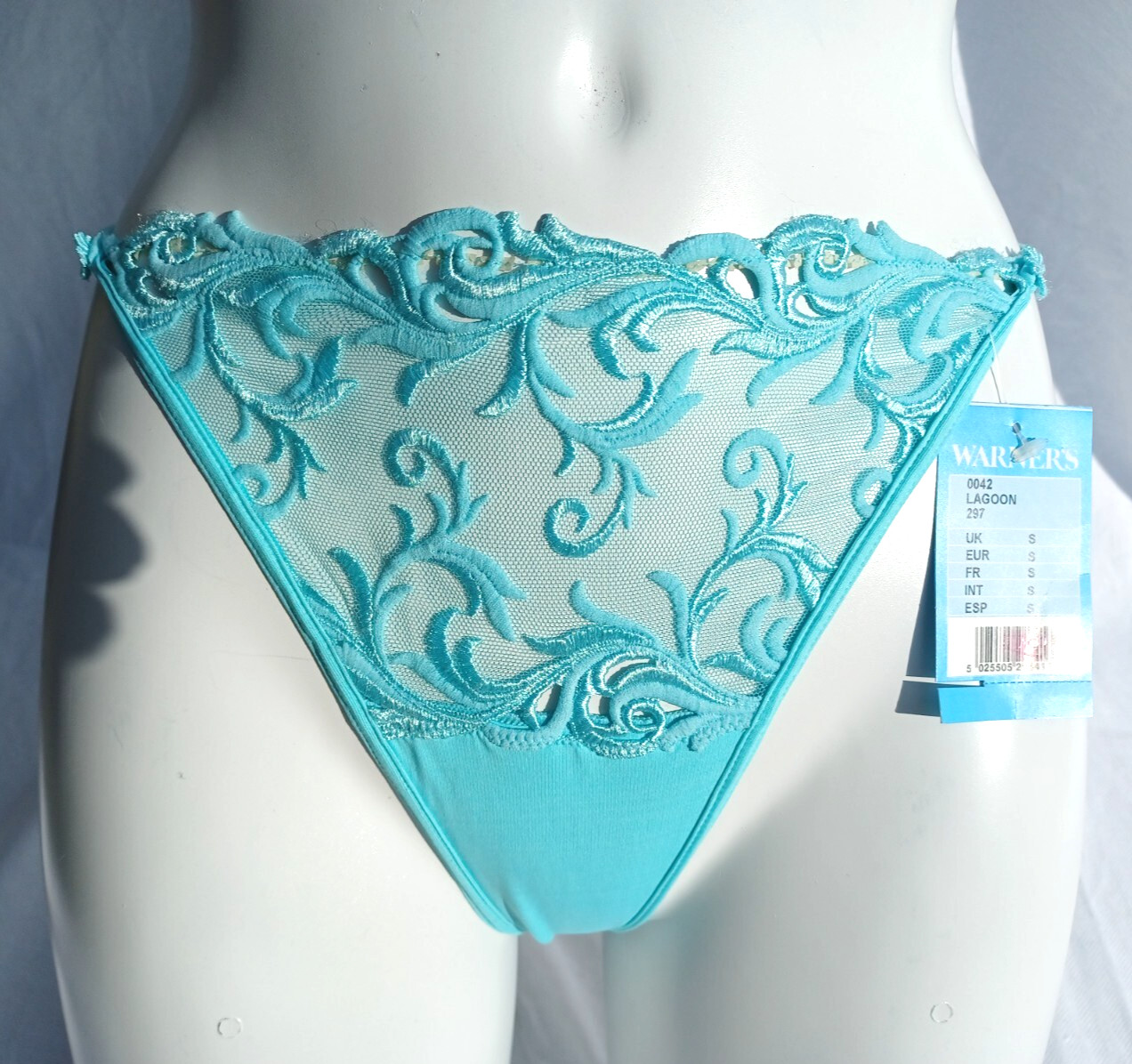 WARNERS Lingerie Beautiful Floral Lace Thong String in Lagoon Teal Shade Size S