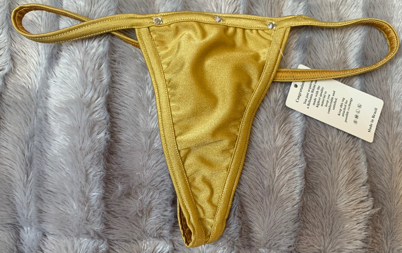 Bellamia Bikini Rhinestone Brazillian Thong One Size Gold