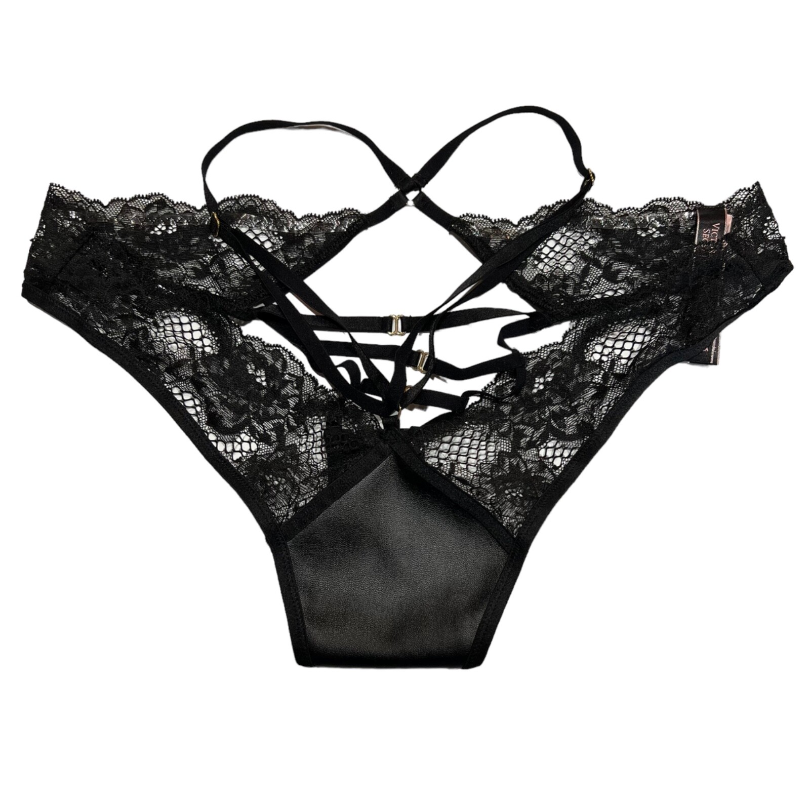 NWT VICTORIA’S SECRET Brazilian Slip Pantie Sz S-M-L-XL Black Lace Faux Leather
