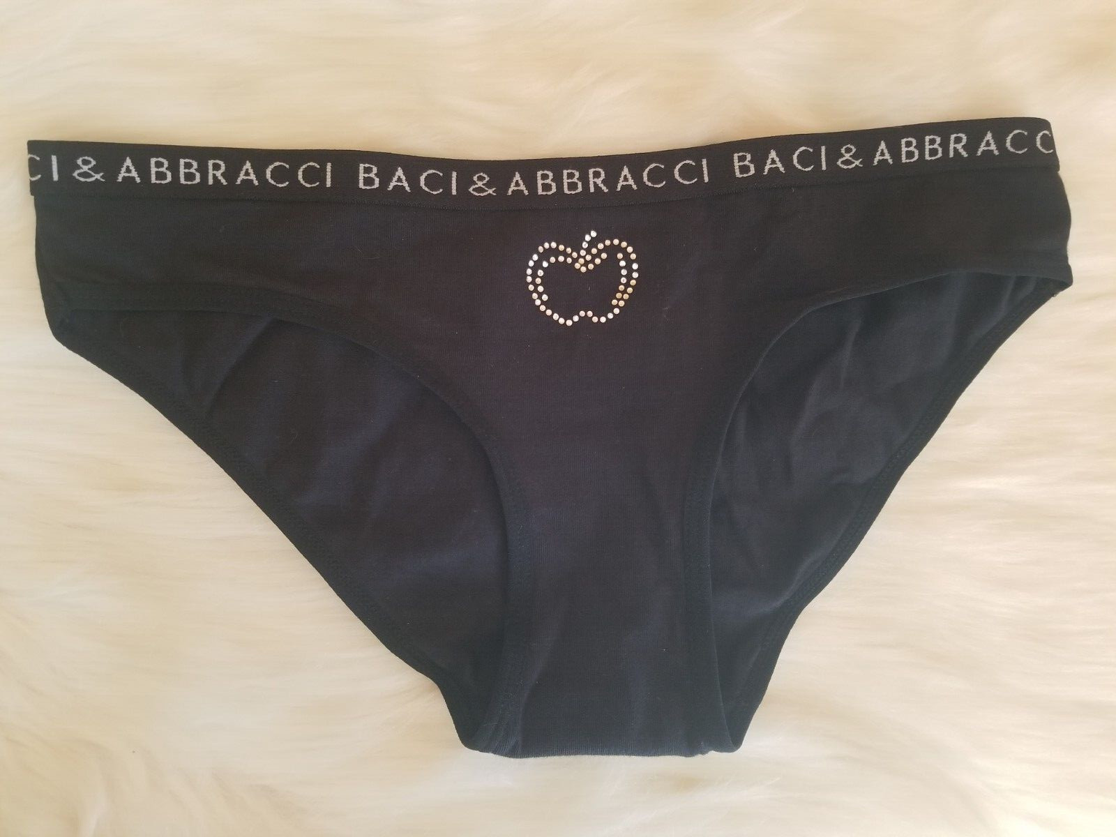 NEW BACI & ABBRACCI BLACK PANTY APPLE CRYSTAL DESIGN LOGO WAIST SMALL NEW