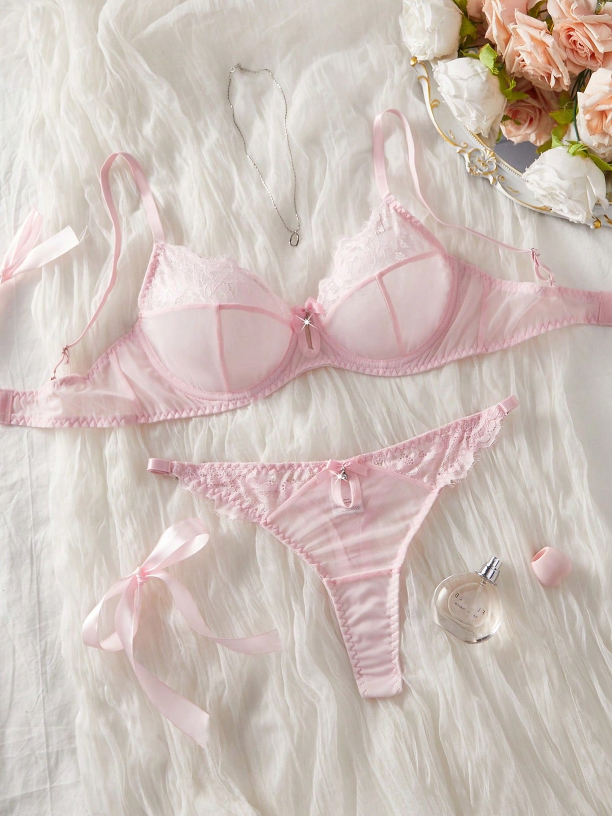 Pink Lace & Mesh Patchwork Underwired Bra and Panties Set Seductive Cheap24