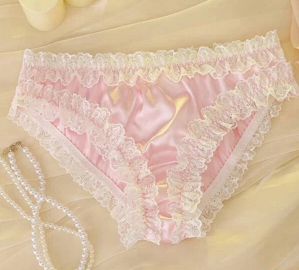 Satin Pink Lave Ruffles Sissy Ruffle Trim Open Crotch Bikini Brief Panties L NEW