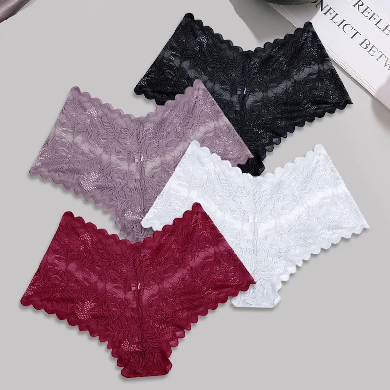 Lace Boyshort Panties Low Rise Breathable Hollow Out 4PCS Women Underwear