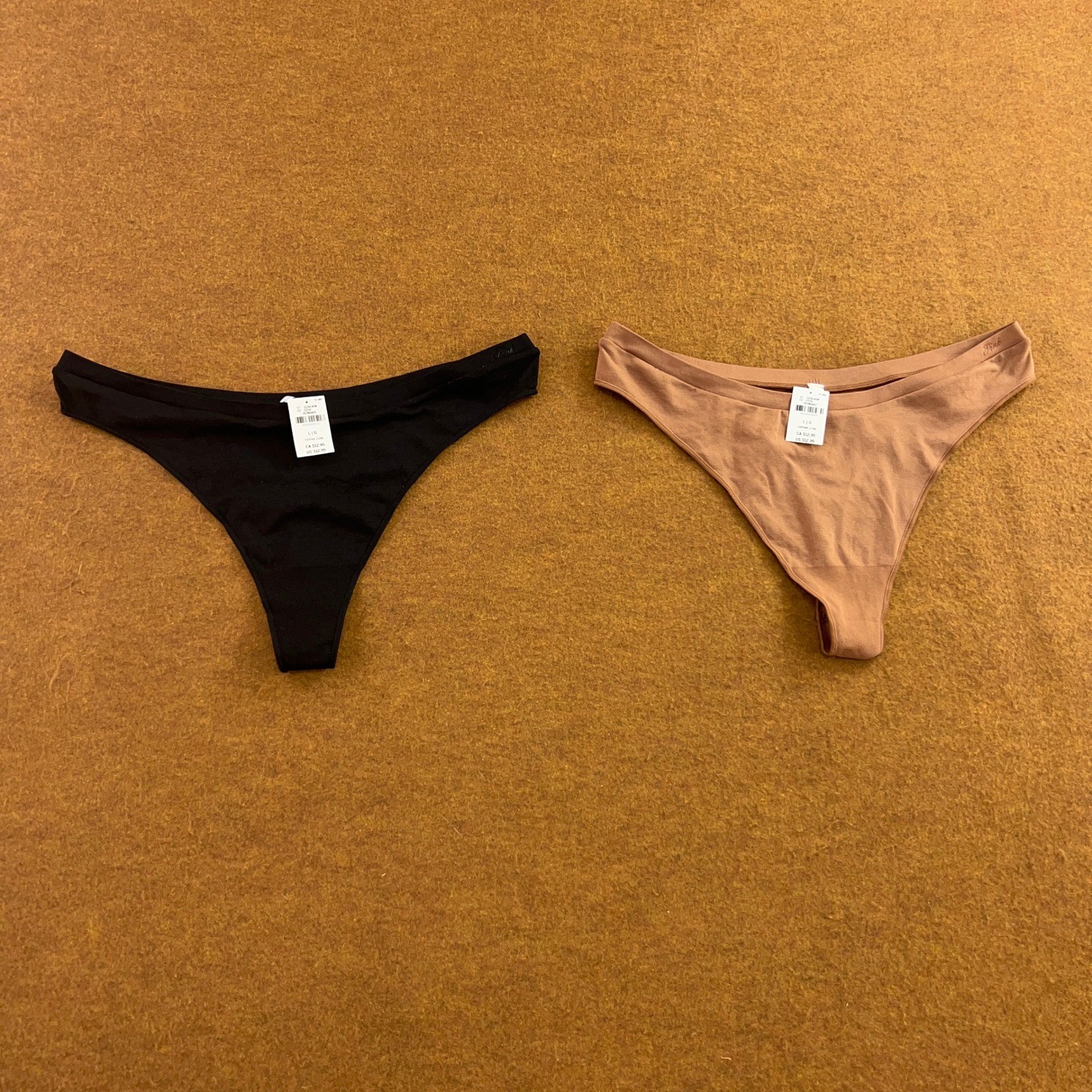 PINK Womens Large Black Tan Seamless String Thong Panty 2 Pack NWT