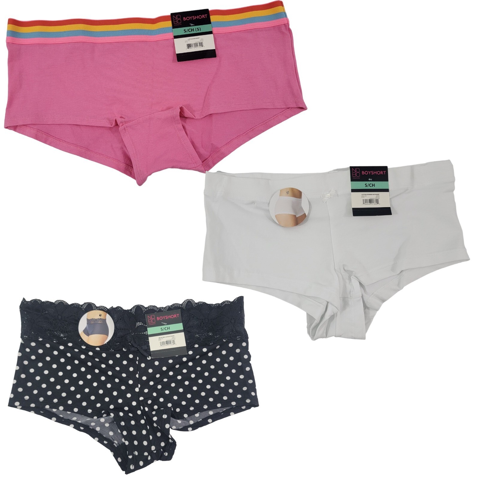 No Boundaries Cotton & Lace Boyshorts 3 Pack NOBO Panties Size Small – NWT