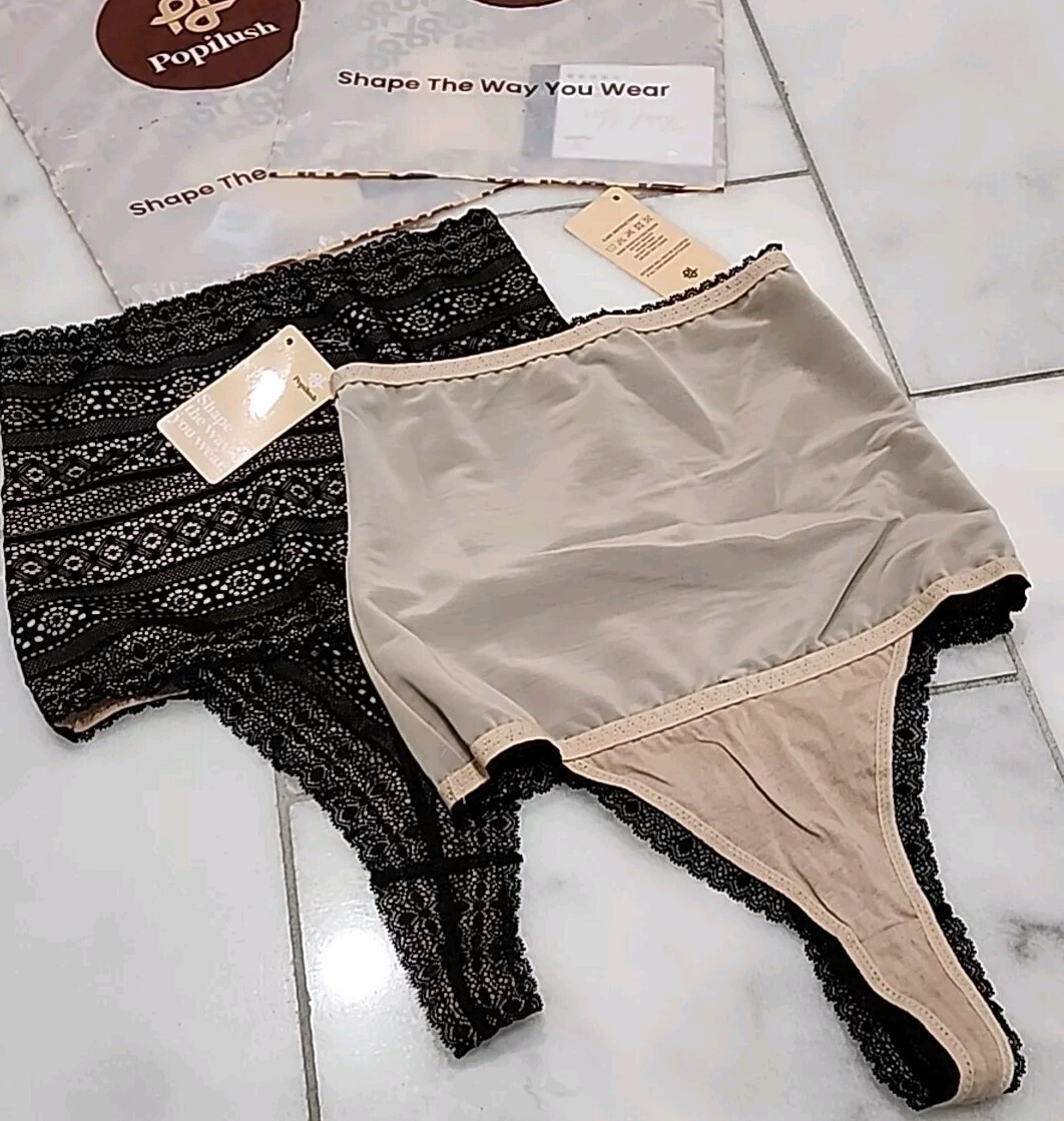 2 Popilush Shapewear Panties High-waisted Underwear Lace Thong Black XXL Size