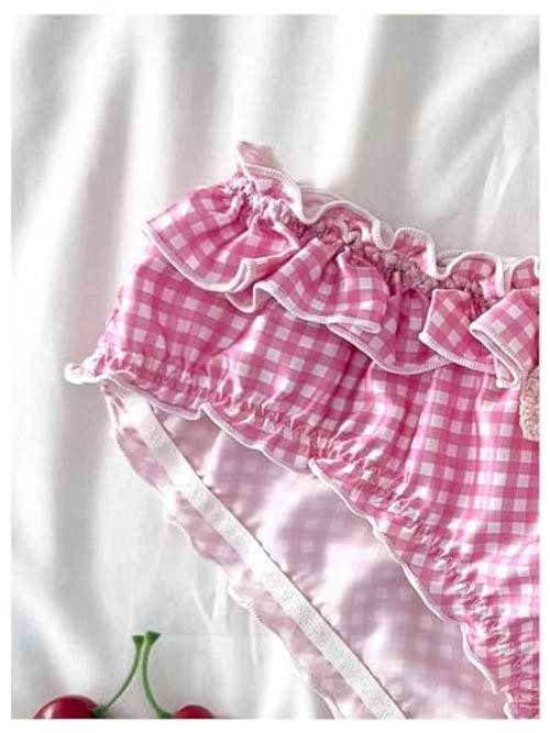 Women’s Y2k Gingham Bow Underwear Lace Eyelet Low Rise X-Large Strawberry Pink