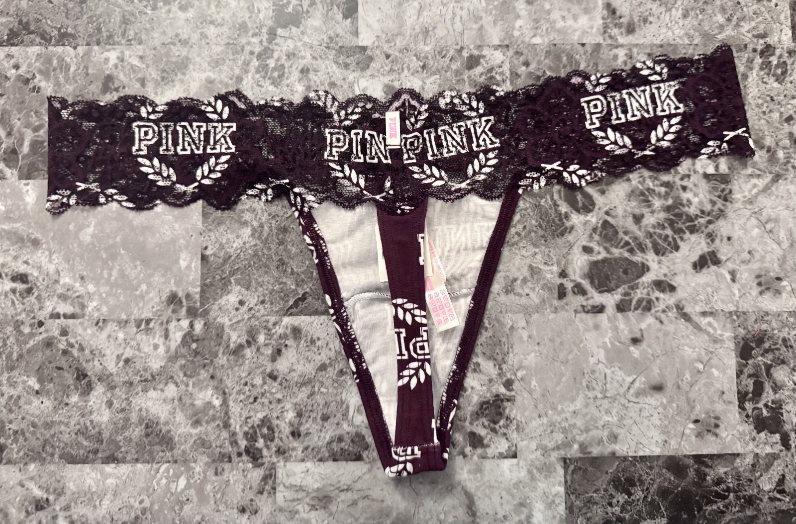 NWT VICTORIA’S SECRET PINK L MAROON WHITE LOGO FLORAL LACE RARE THONG PANTIES