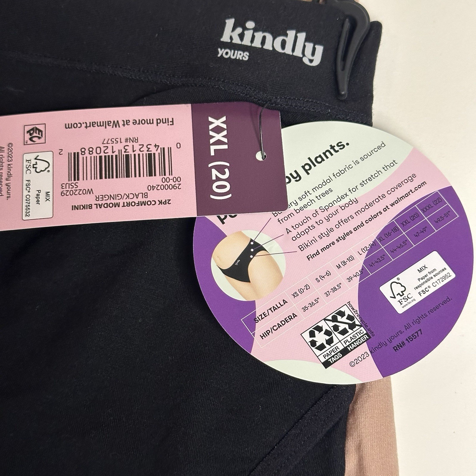 Kindly Yours Womens XXL Sustainable Comfort Modal Bikini Panties Blk/Bge 2PK NEW