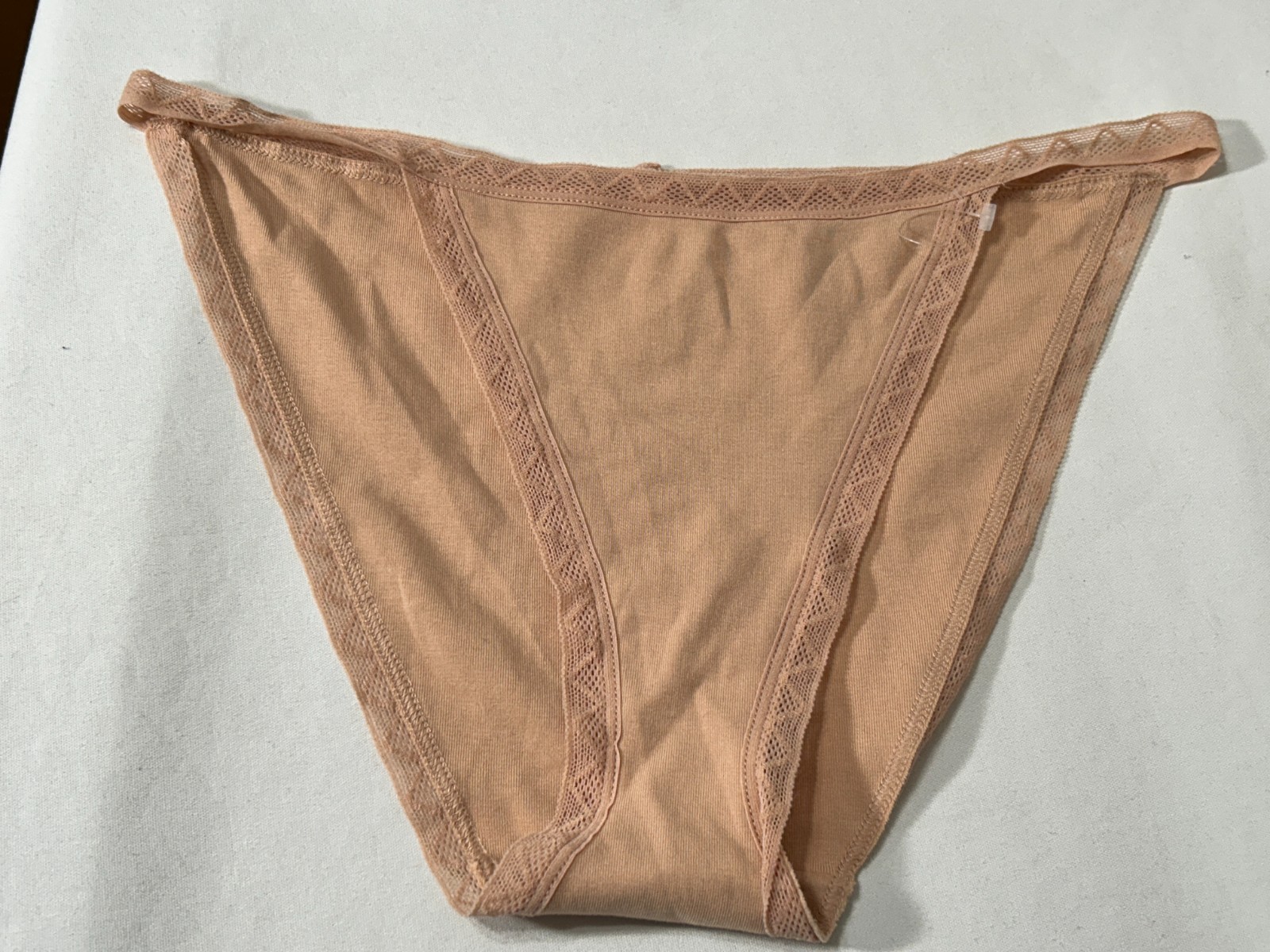 On Gossamer Bikini Underwear L Mid Rise Champagne Lace Trim Cabana Cotton