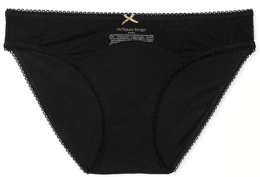 M NOIR Dk Black Dot Mesh Gold Bow Stretch Cotton Victoria’s Secret BIKINI Panty