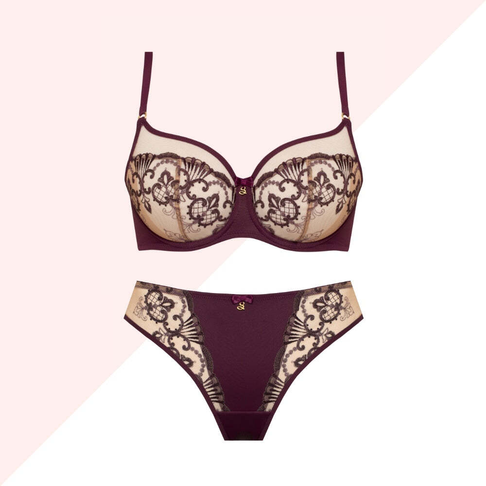 Samanta Perla Sheer Tulle Embroidered Tanga Panty New Underwear Aubergine M300