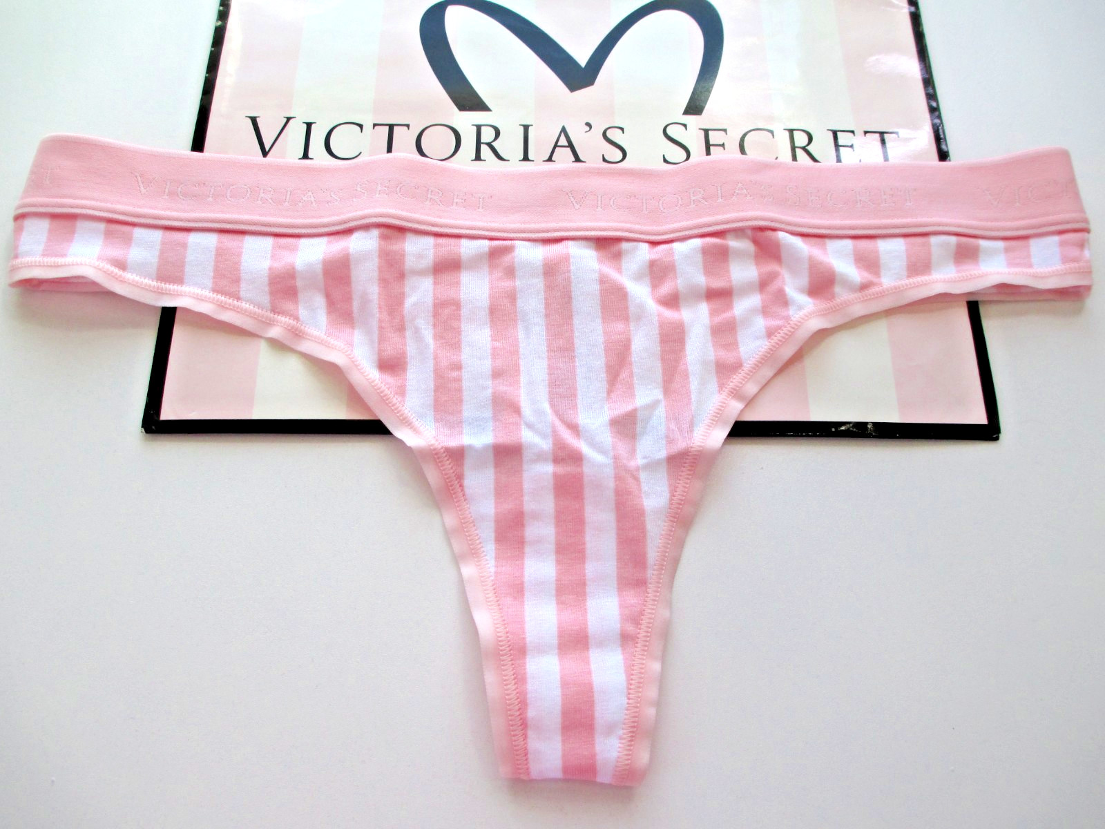 VICTORIA’S SECRET Cotton Thong Panty VS Pink White Stripe S M L XL Logo Band NWT