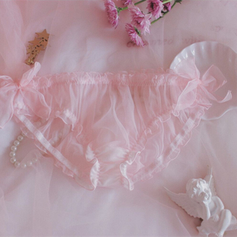 Women Girl Lolita Sheer Underwear Briefs Bow Pleated Frill Chiffon Knickers Sexy