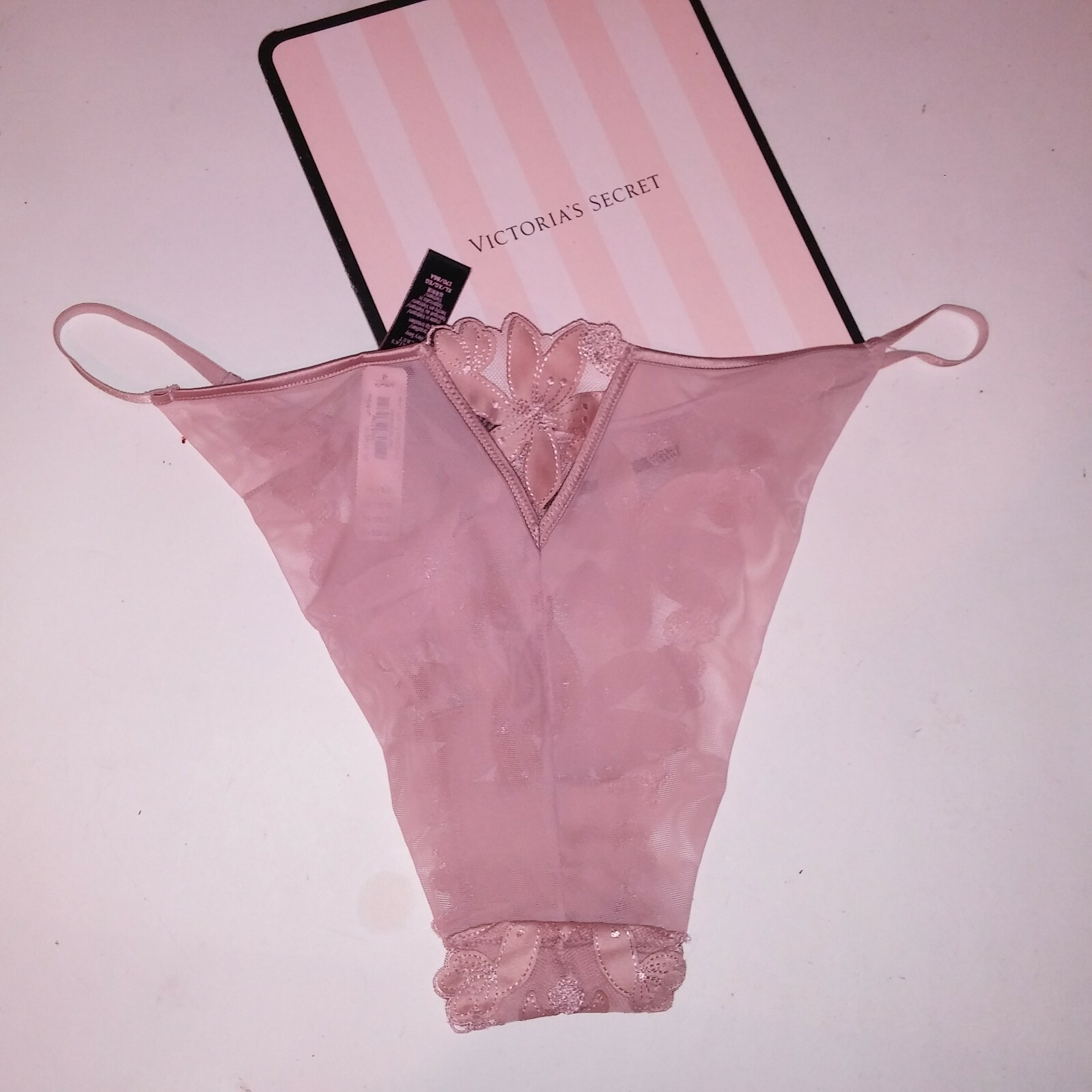 Victoria Secret Panty XL Brazilian Pink Applique Lace Floral Luxe New