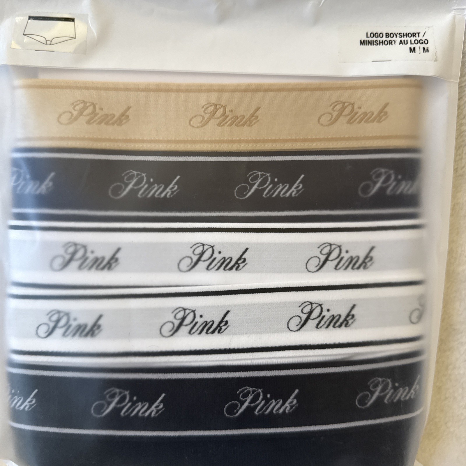 Victoria Secret PINK BOYSHORT Logo Panty 5 Pk Beige Black Navy White Grey ~ M