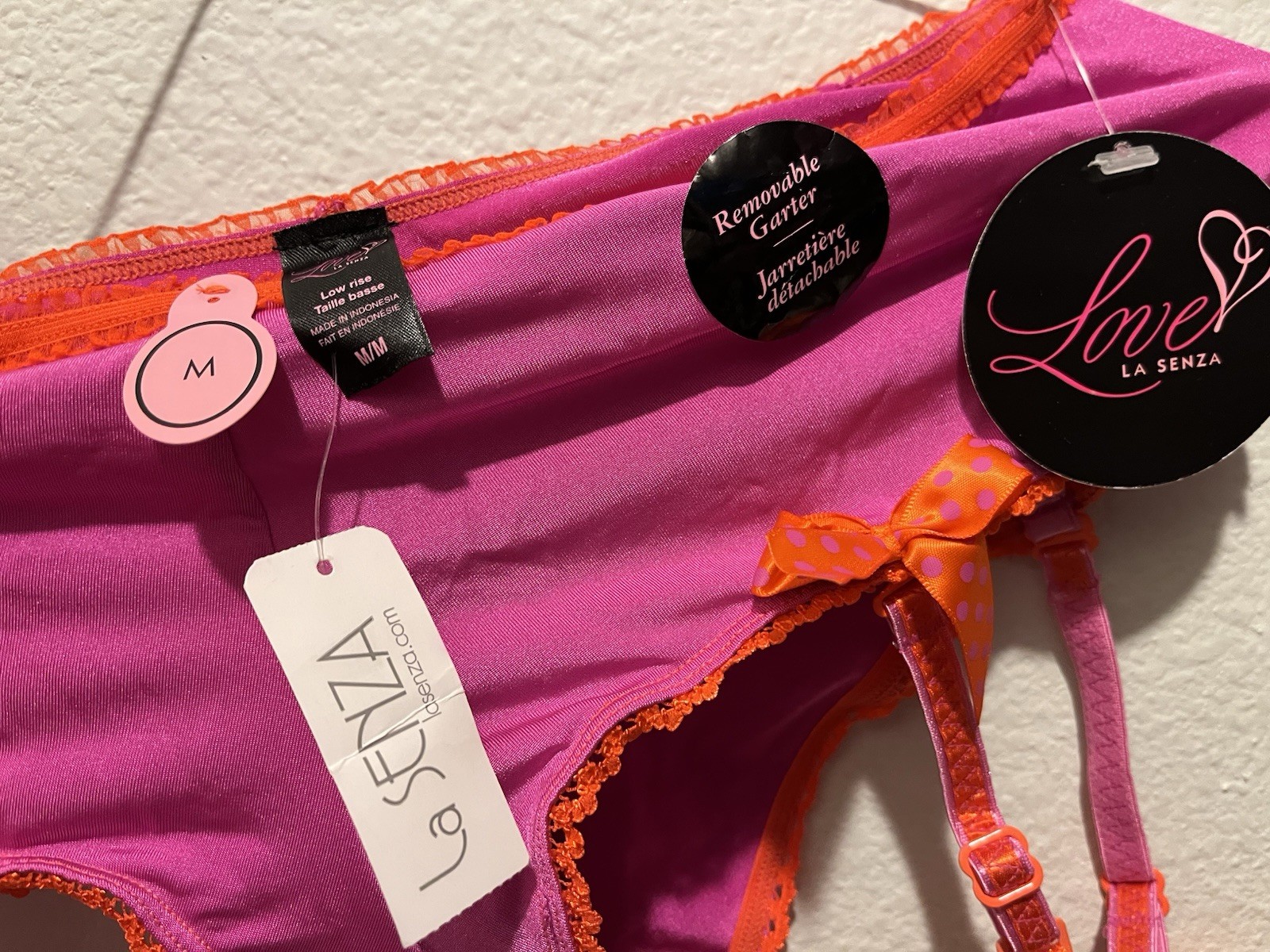 LA SENZA SEXY LOW RISE REMOVABLE GARTER BELT STRETCH FABRIC LACE EDGE PANTIE NWT