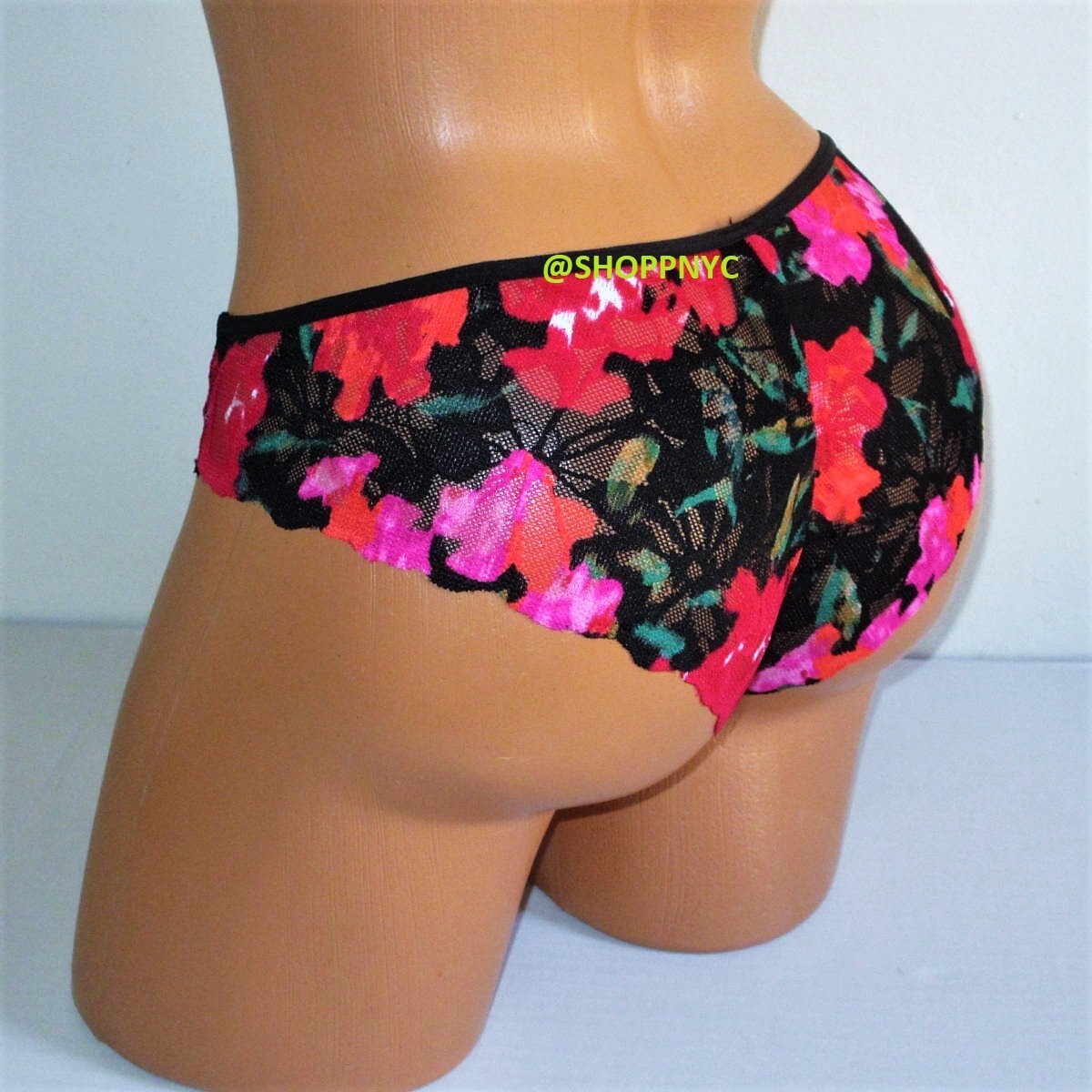 PINK Victoria Secret Strappy Logo Cheekster Panty Size S Black Red Floral Lace