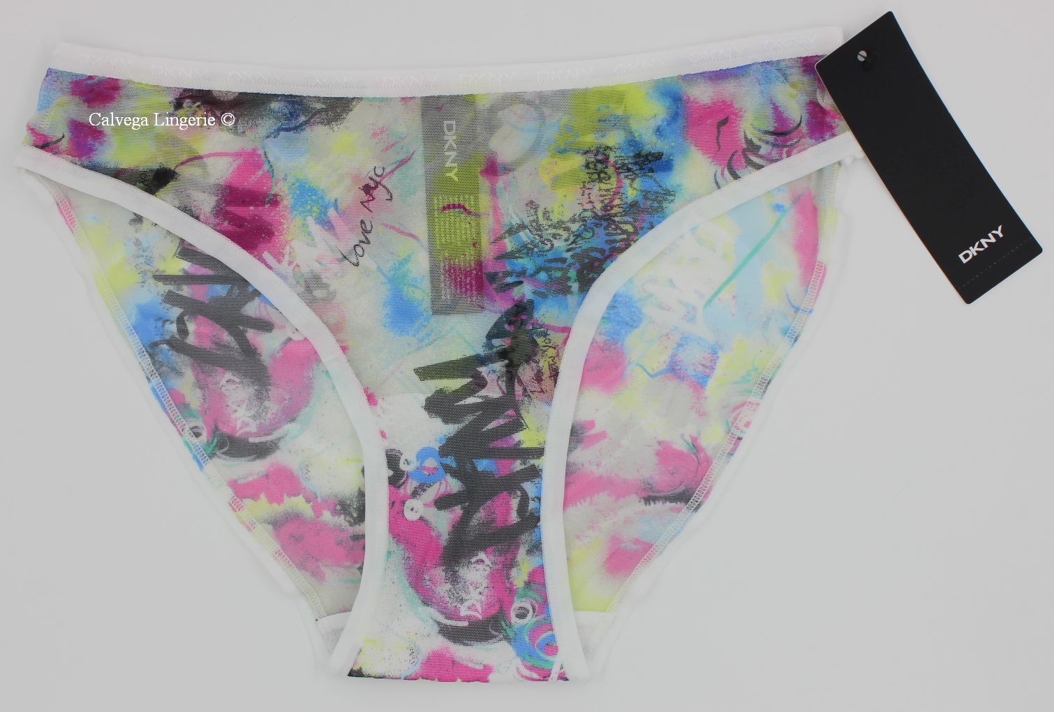 NWT DKNY DK5086 “Logo” Mid-Rise, Mesh Bikini, White w/Multicolor Print (I140Y)