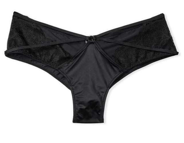 XL Dk NOIR Black Strappy Ring Satin Lace Very Sexy Cheeky Victorias Secret Panty