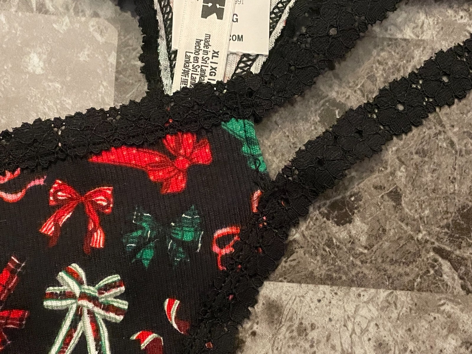 VICTORIA’S SECRET PINK XL HOLIDAY BOW RIB KNIT LACE DOUBLE STRAPPY THONG PANTIES