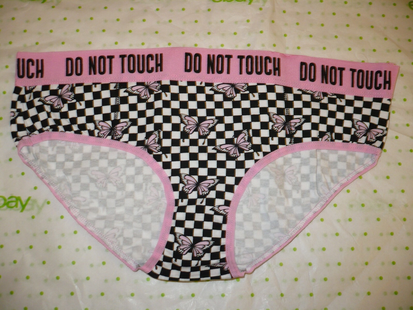 Rue 21 Women’s Bikini Panties MEDIUM Do Not Touch Pink Butterflies Checker New
