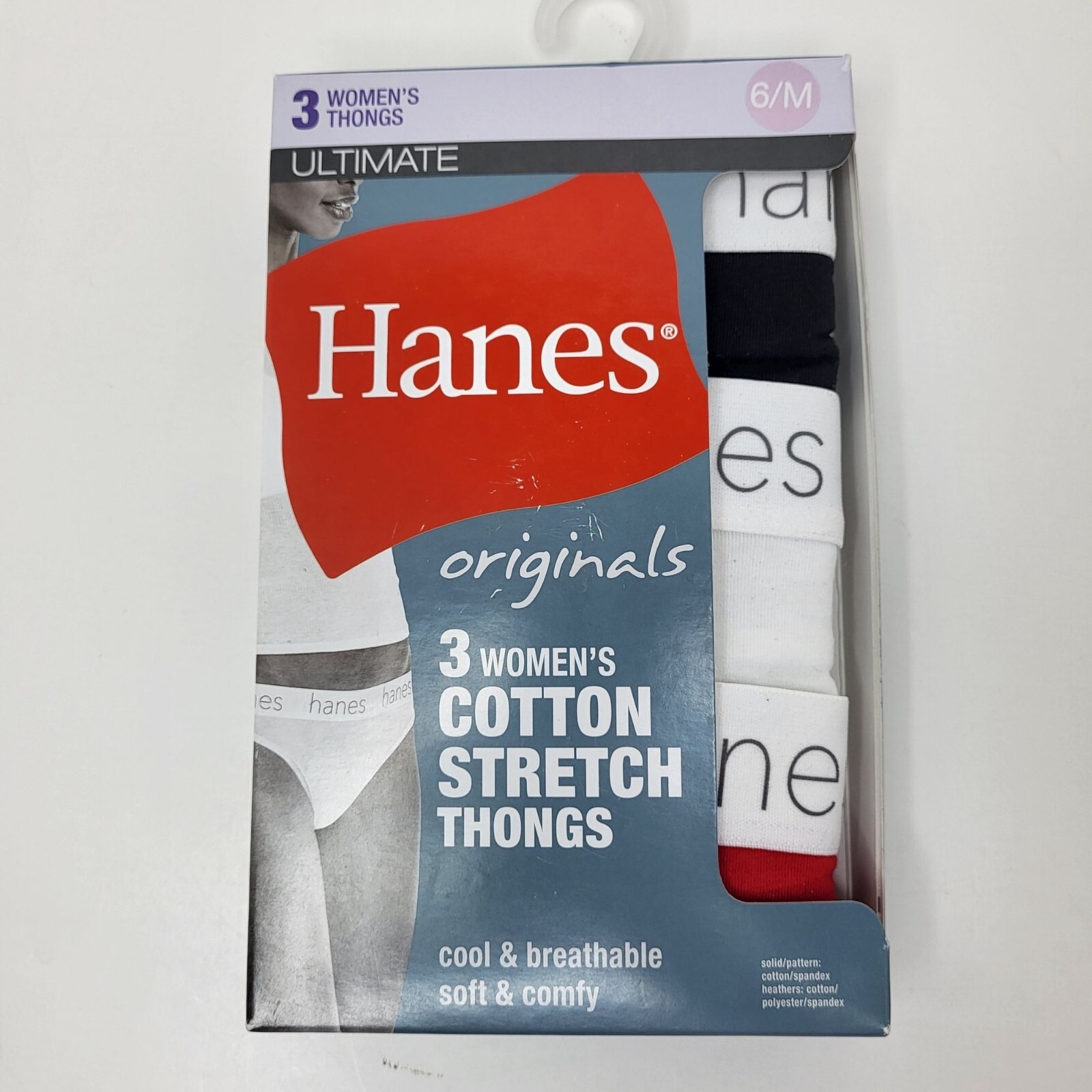 NWT HANES Womens 3 Pk Ultimate Stretch Cotton Thong Panty – Red,White,Black – 6M