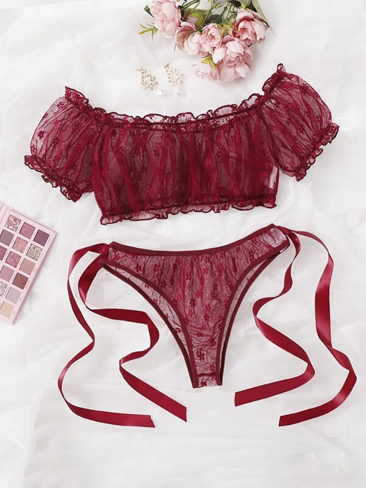 Large size one shoulder strapless sexy lingerie lace pure desire perspective set