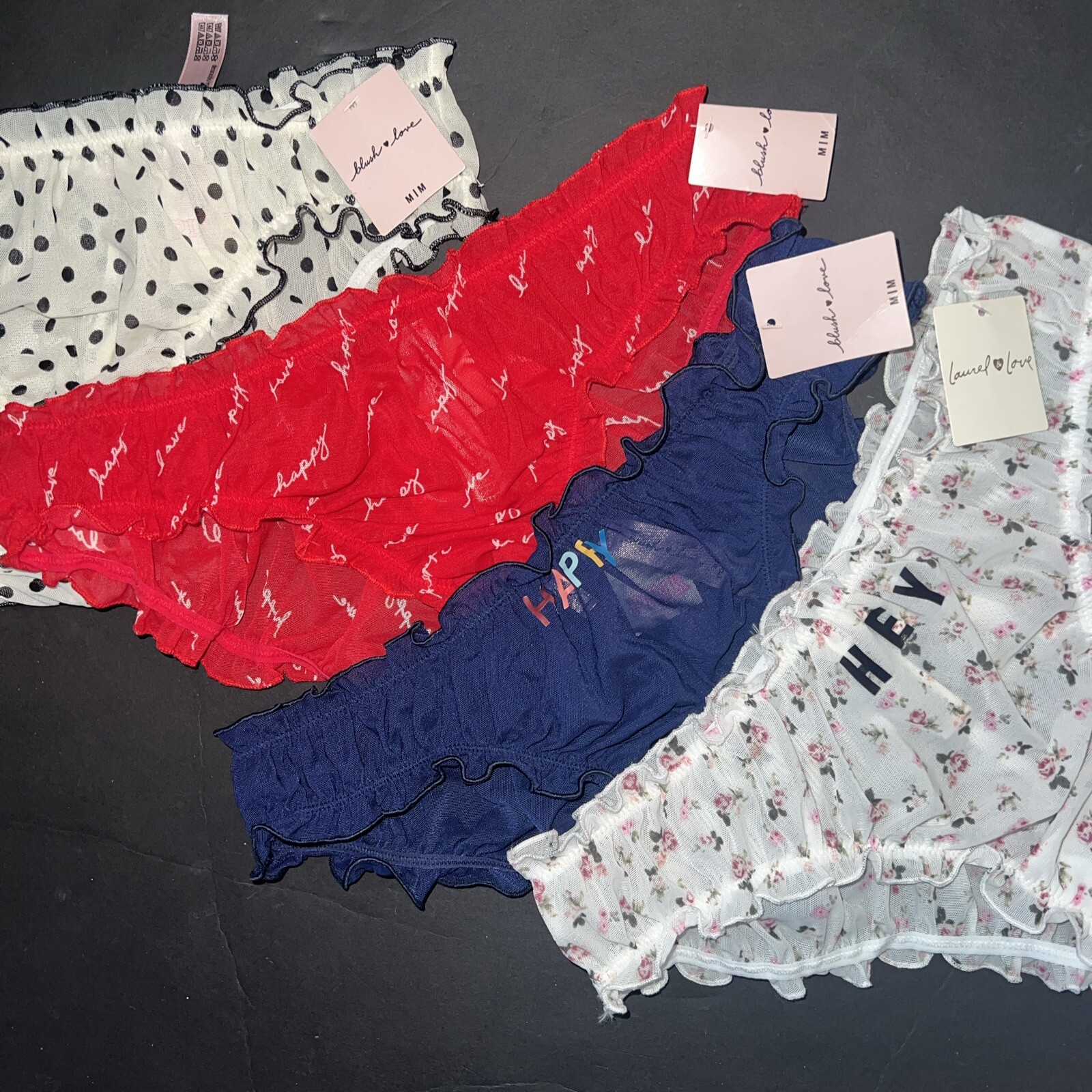 Victoria’s Secret PINK M ruffle PANTY LOT navy BLUE WHITE RED HEY HAPPY BLUSH