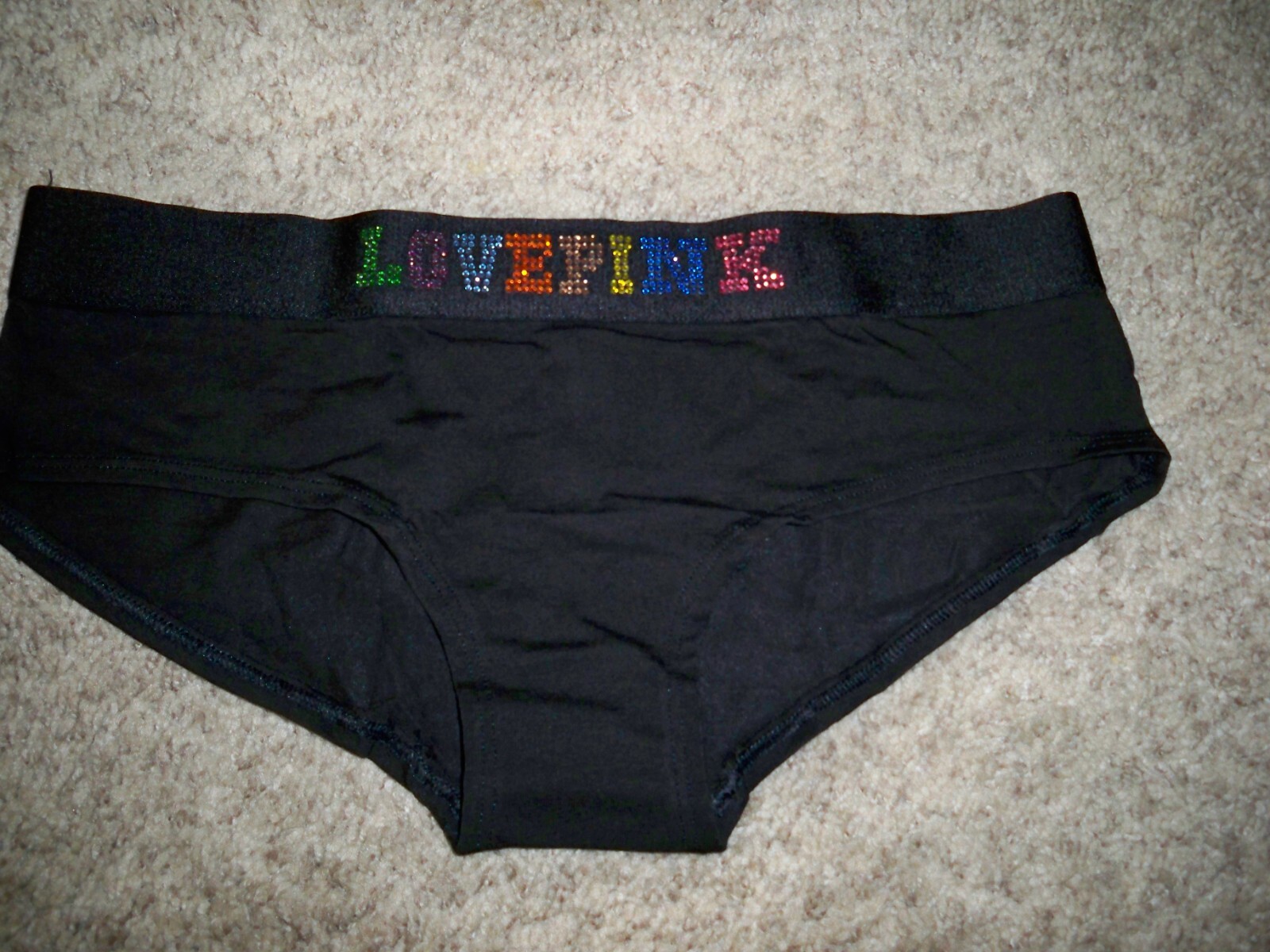 VICTORIAS SECRET HIPSTER BLACK SPARKLE DIAMANTES RAINBOW LOGO MEDIUM NEW
