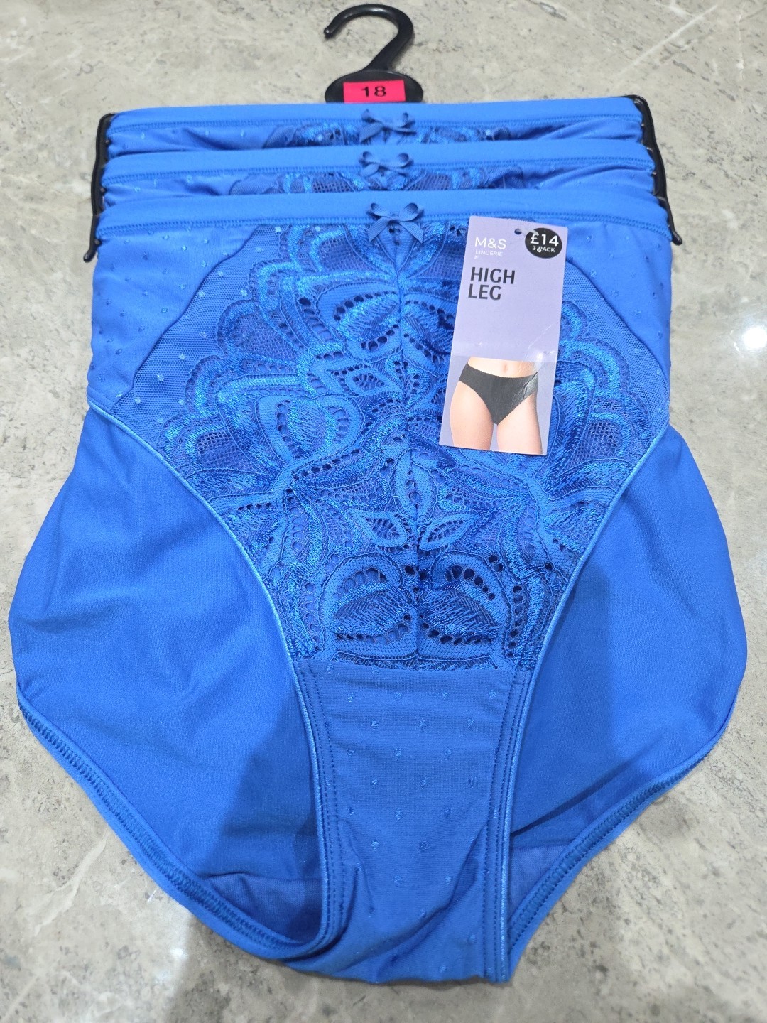 M&S 3pk Amelia Lace High Leg Knickers Size 18 BLUE MIX