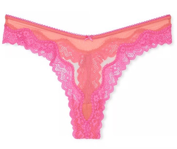 Victoria’s Secret Panties S Coral New Peony Tease High Leg Thong Lace Sheer NWT