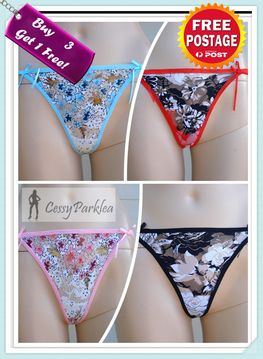 Z-B3-1 Blue Red White Black Floral Print Mesh G-string Thong Lingerie S-M AU