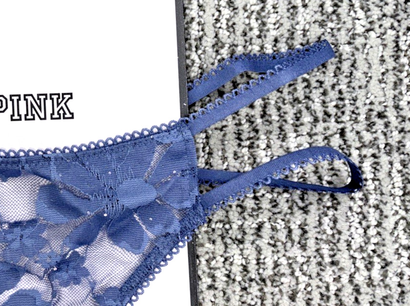 Victoria’s Secret PINK NWT Large Blue Sequin Strappy Lace Thong Panty Sexy Wink