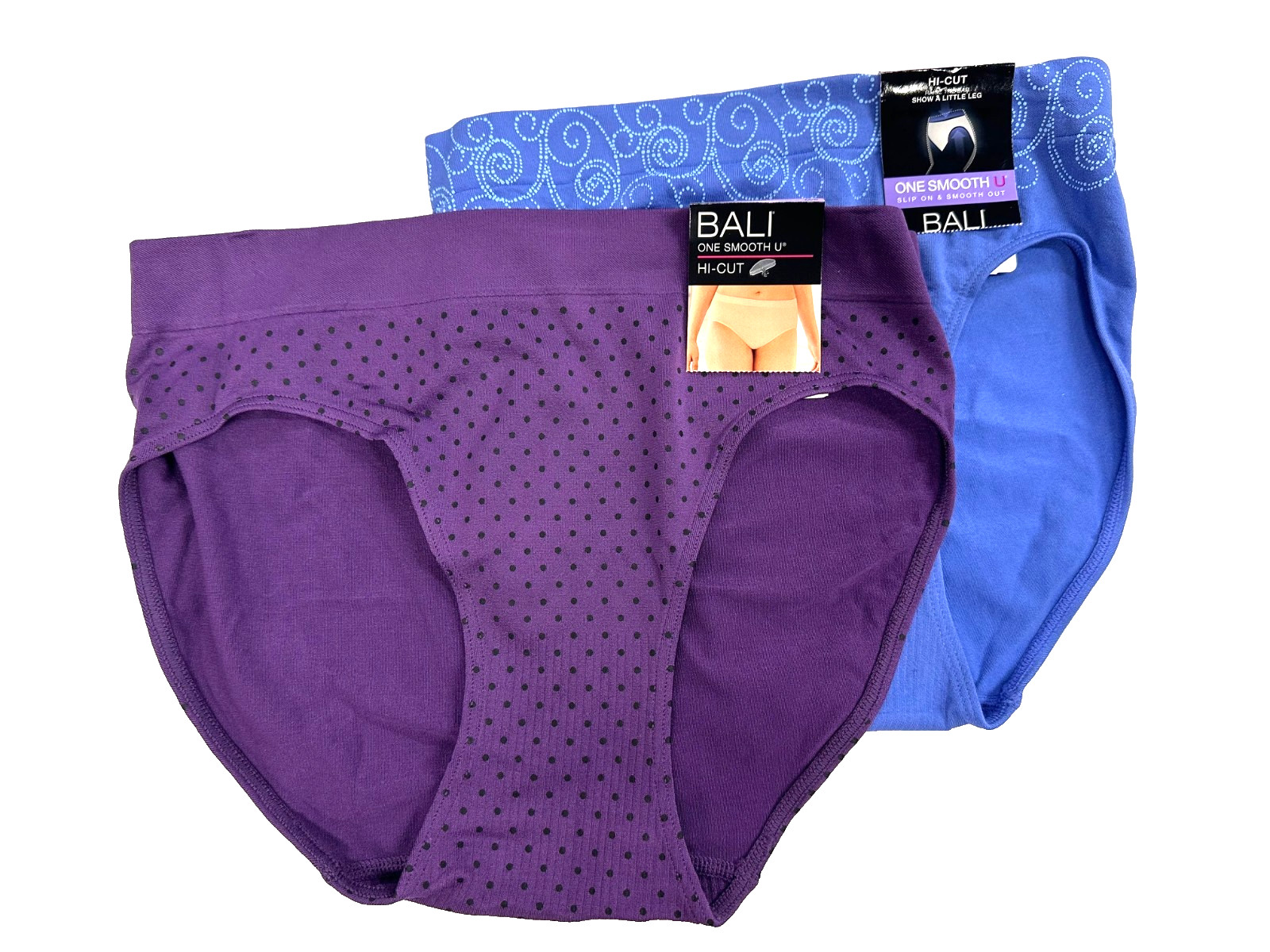 Bali Women 2-PK Smooth U Hi-Cut Brief Size 2XL/9 Blue Purple Black Panties Soft