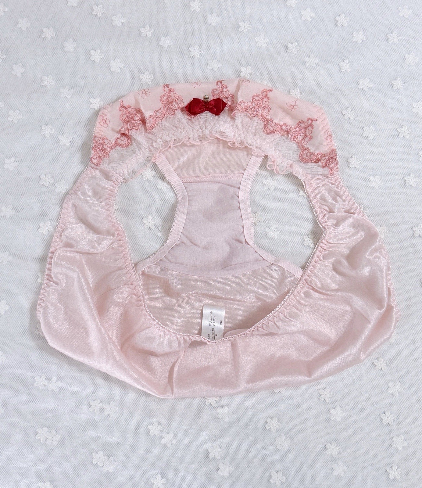 US-L/JP-4L Japanese Cute Bow Embroidery Glossy Smooth Tricot Nylon Panties Pink