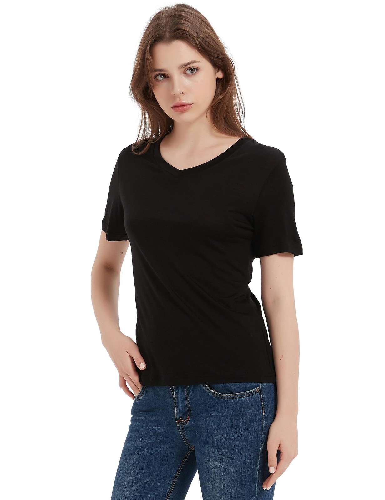 100% Merino Wool T-Shirt Women V Neck Short Sleeve Athletic Tee Lightweight N…