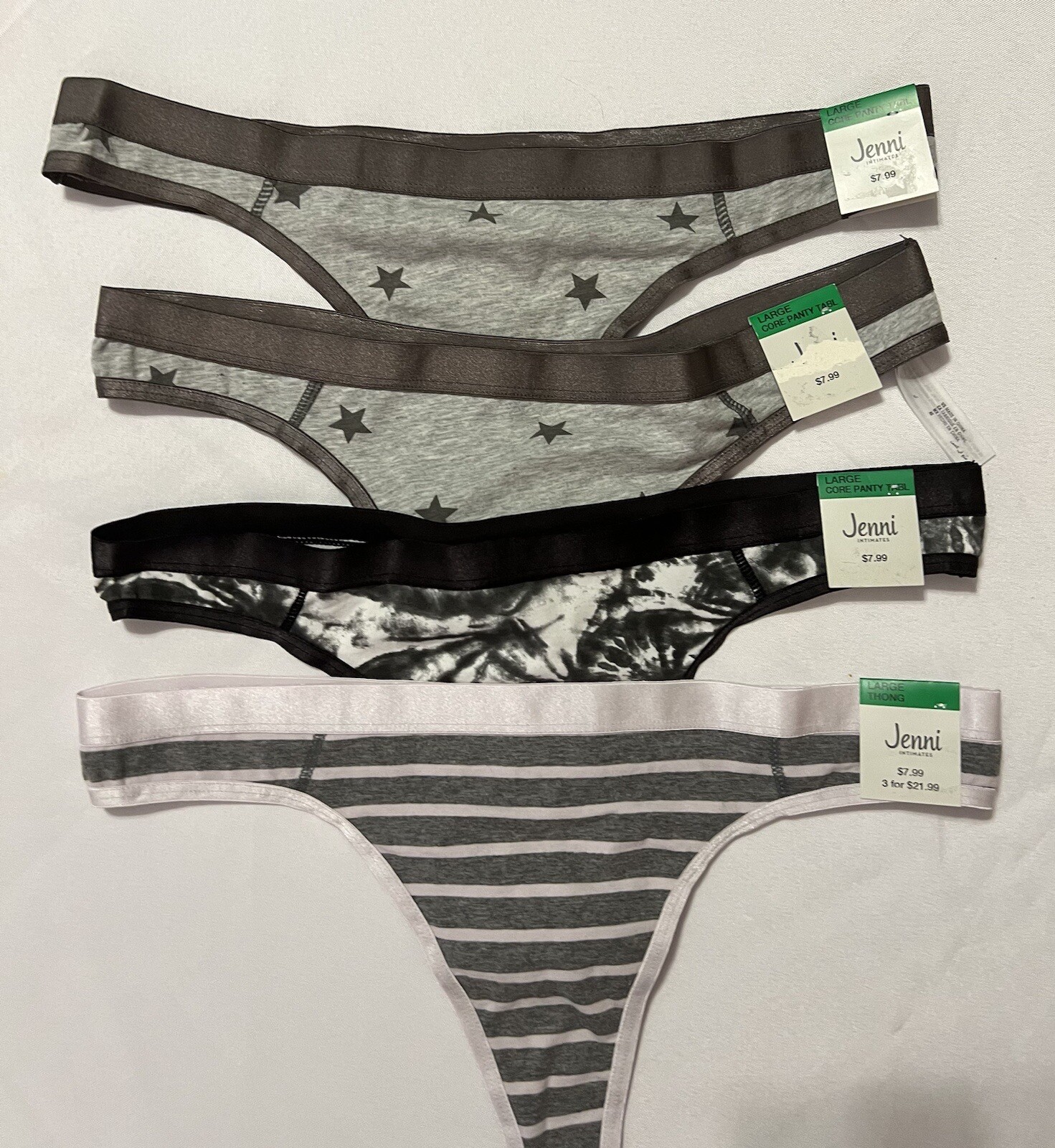 Jenni Women’s Thongs 4 Pair Size Large, Simple Stripe, Stars, and TieDye NEW