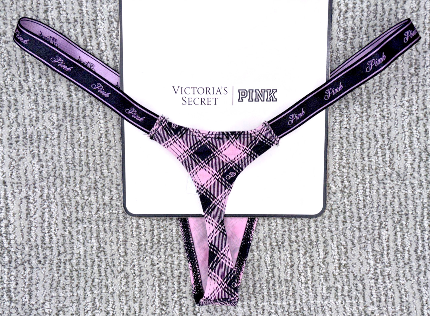 Victoria’s Secret PINK NWT Medium Black Plaid Micro Thong Panty Spellout Sexy