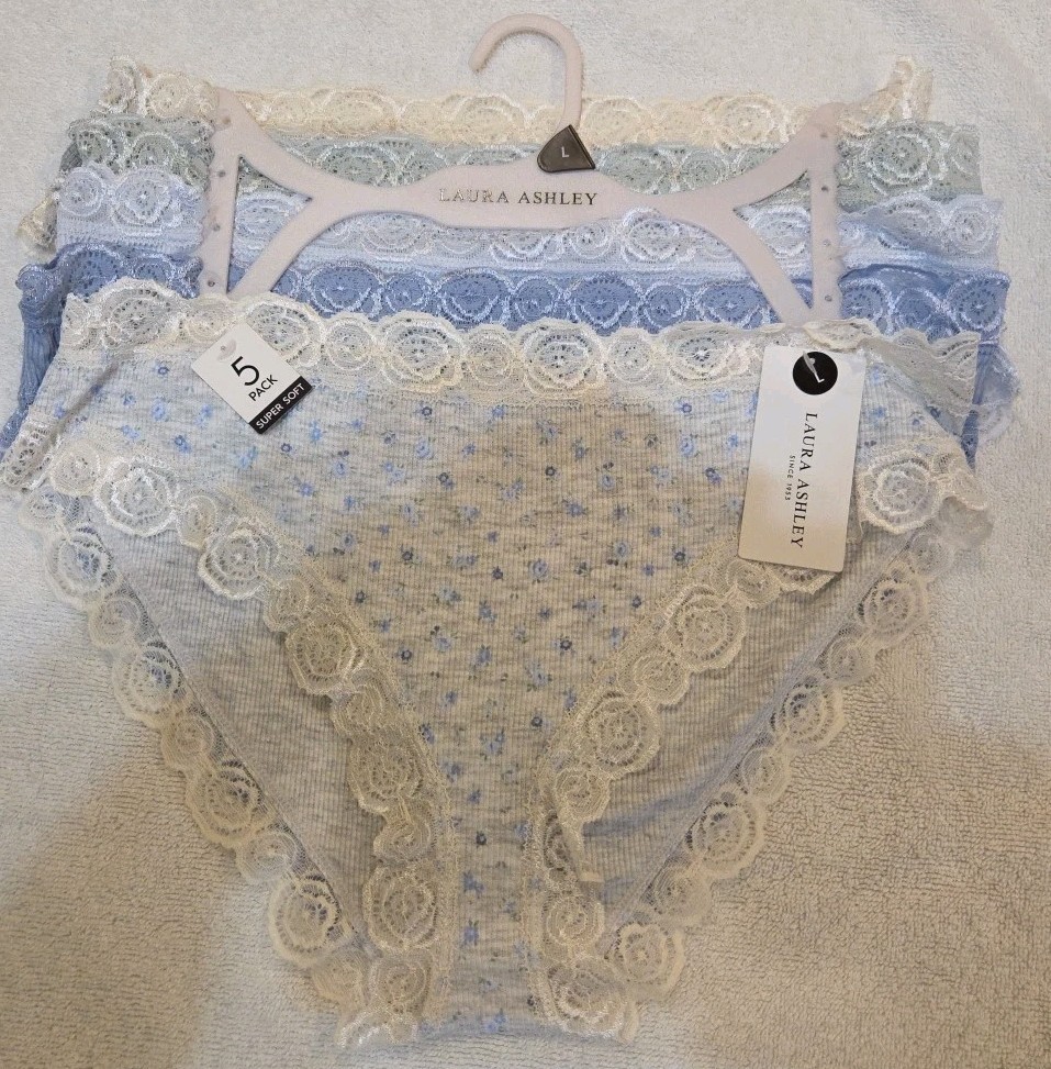NWT LAURA ASHLEY 5 pack briefs Panties LARGE Pink Beige Green Navy Gray Floral