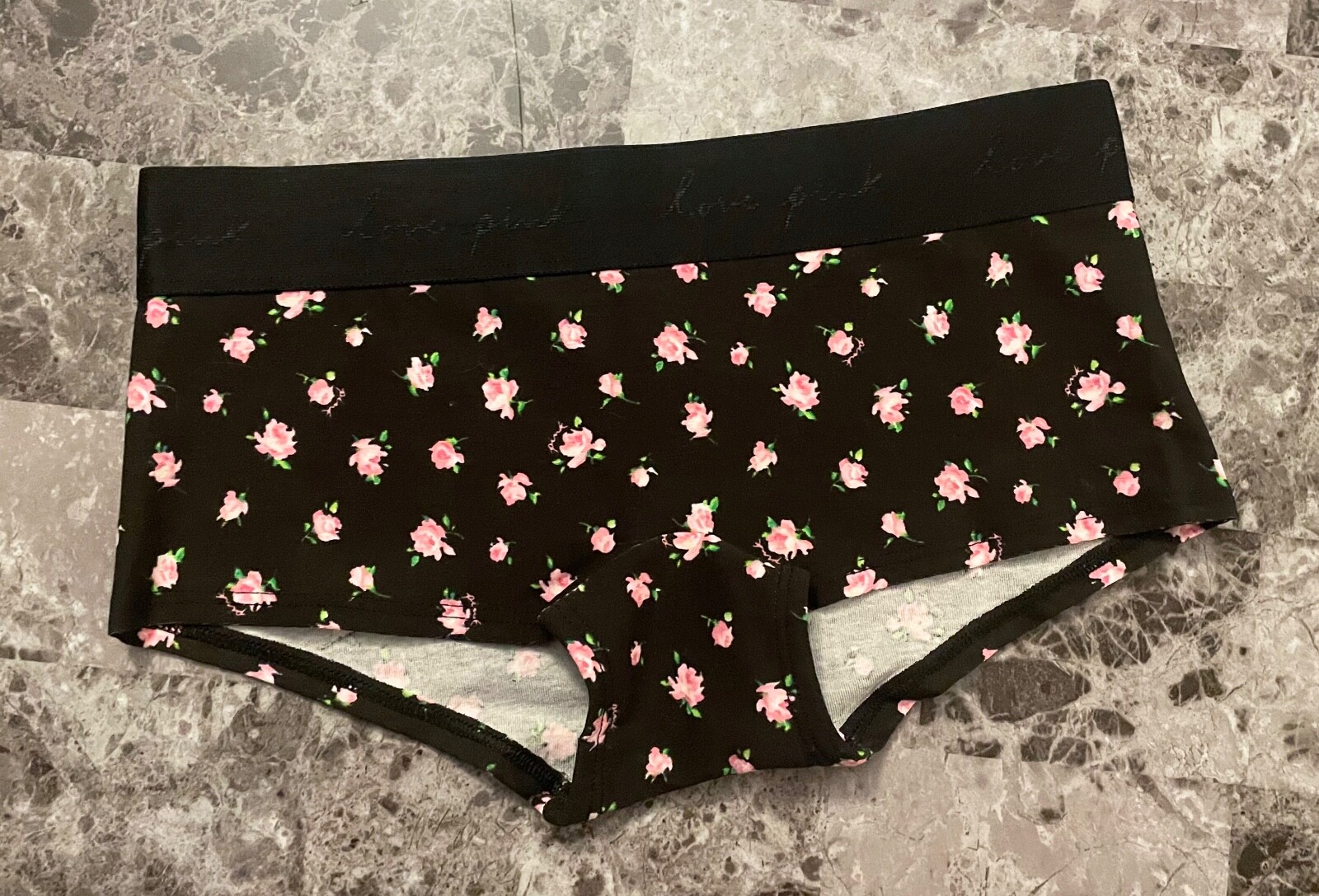 NWT VICTORIA’S SECRET PINK BLACK FLORAL ROSE THICK BAND BOYSHORT SHORTIE PANTIES