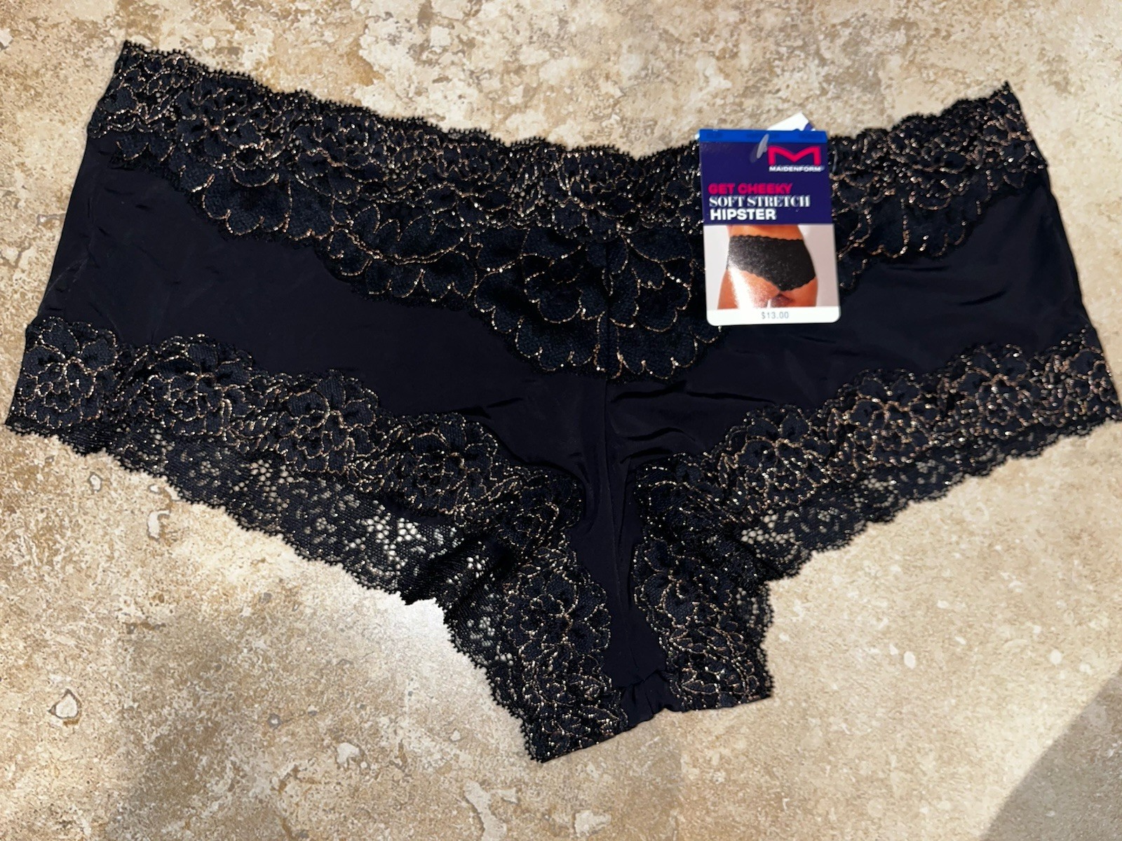 MAIDENFORM 40823 Luxurious Scalloped Lace Cheeky Hipster Panty Black Gold XL 8