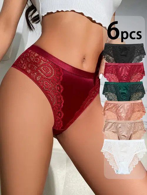 6pcs Ladies High Waist Stretchy Lace Trim Panties, Soft And Comfortable